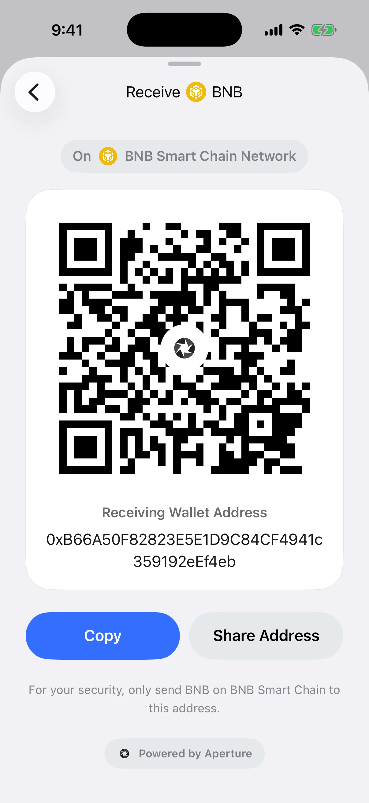 Real Aperture BNB receive screen in the iOS Simulator with an explicit BNB Smart Chain Network label and the same validated EVM test address
