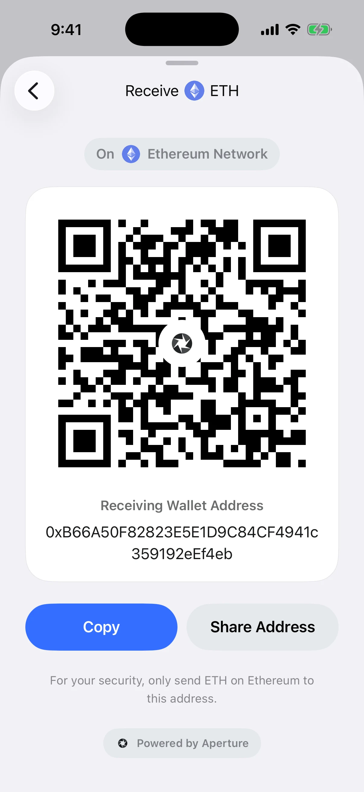 Real Aperture Ethereum receive screen in the iOS Simulator with an explicit Ethereum Network label and public article-only test address