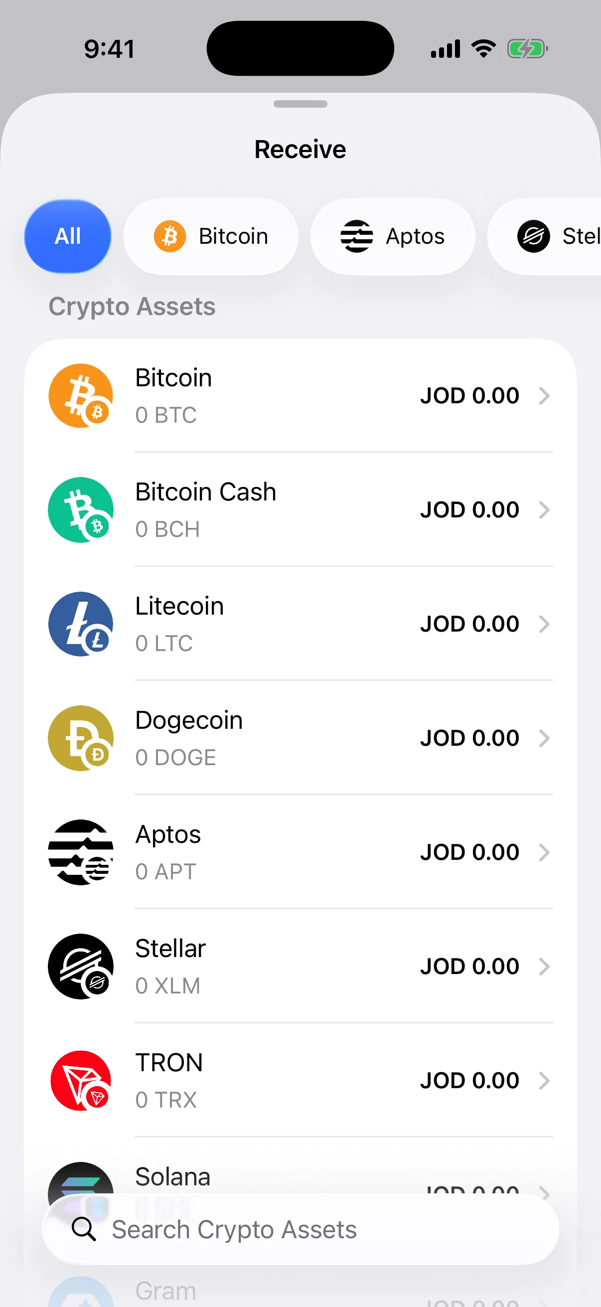 Real Aperture Receive screen in the iOS Simulator with an All network filter and mainnet-specific asset rows
