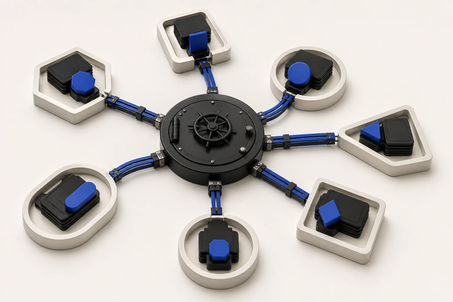 Independent editorial sculpture of one secure vault connected to physically separated mainnet ledger islands with distinct account keys