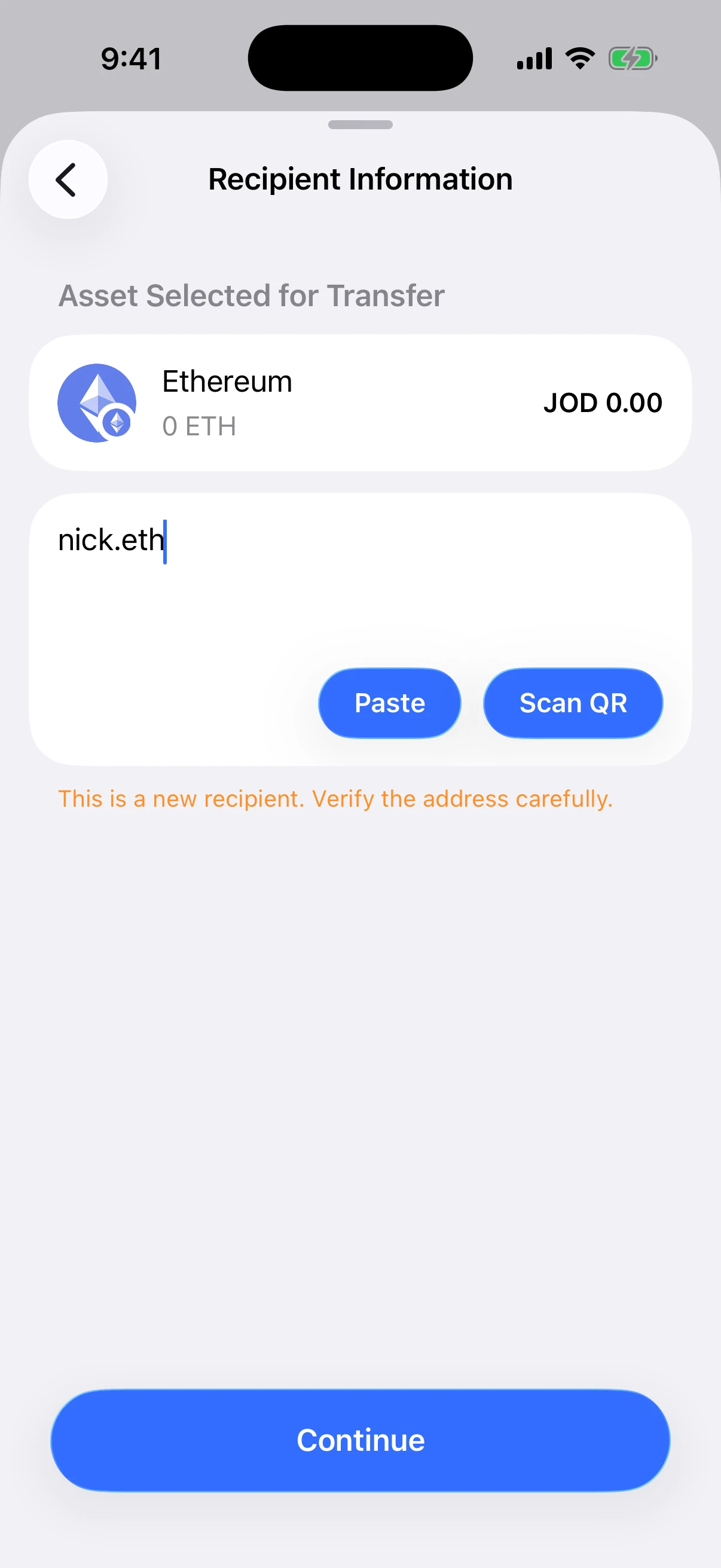 Real Aperture iOS Simulator screen showing nick.eth successfully resolved for an Ethereum transfer with Continue enabled