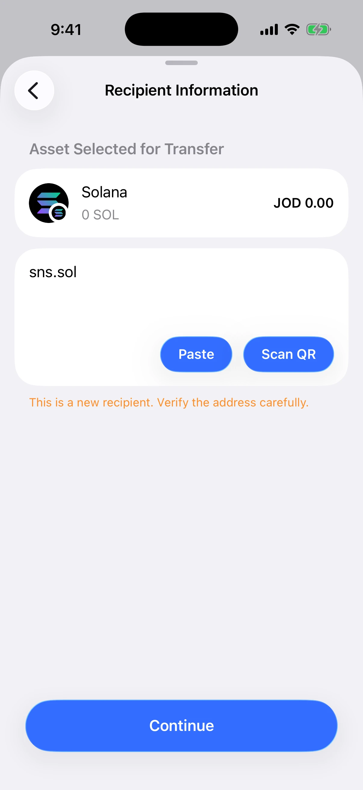 Real Aperture iOS Simulator screen showing sns.sol successfully resolved for a Solana transfer with Continue enabled