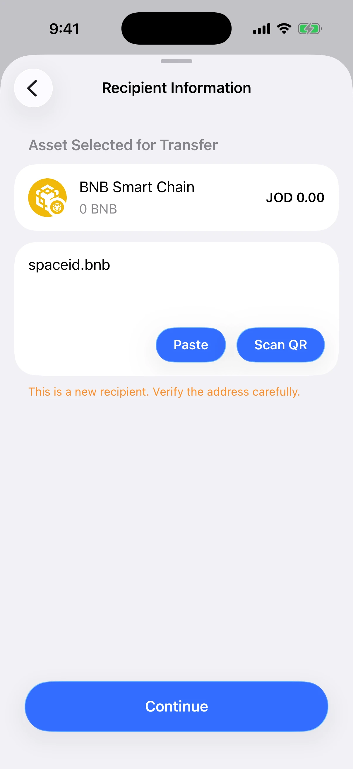 Real Aperture iOS Simulator screen showing spaceid.bnb successfully resolved for a BNB Smart Chain transfer