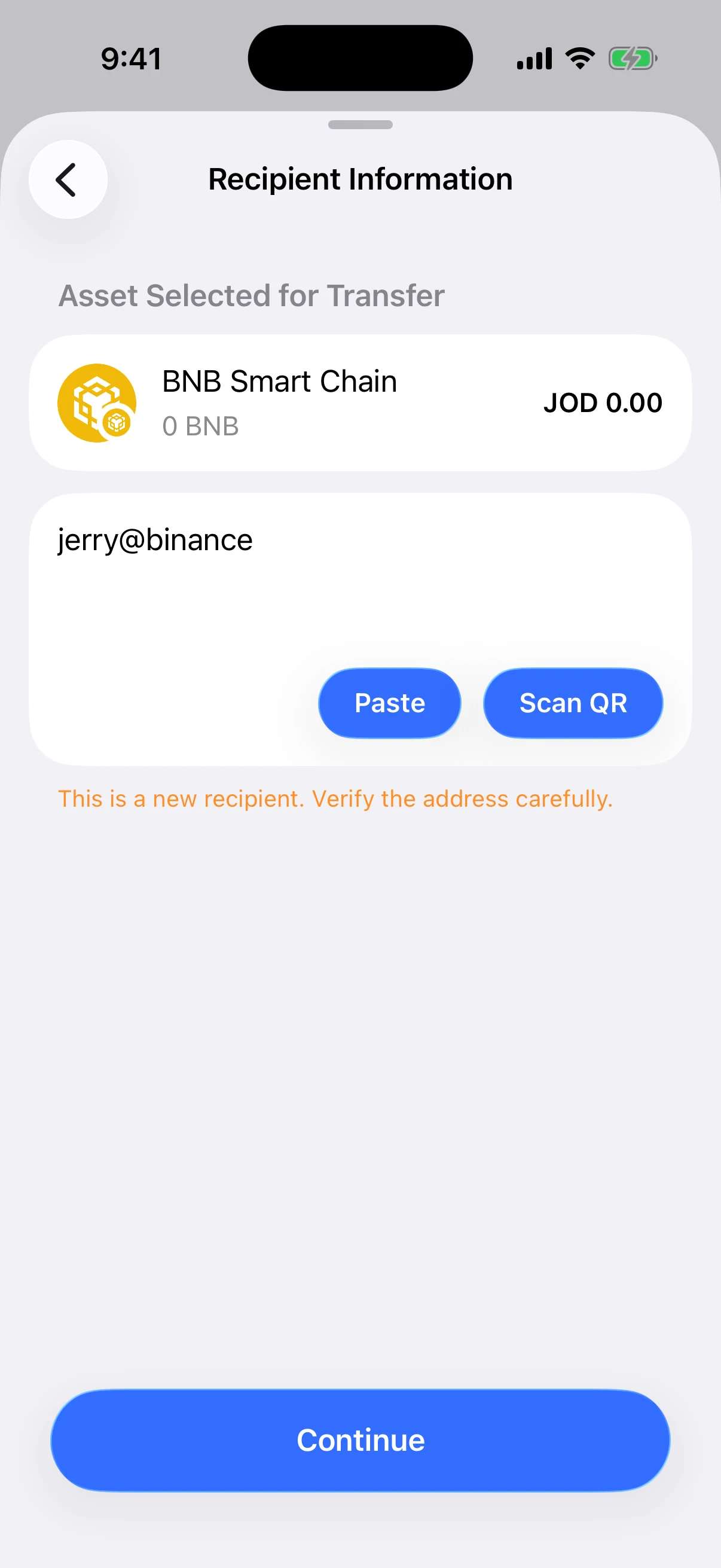Real Aperture iOS Simulator screen showing the public example payment ID jerry at binance resolved for BNB Smart Chain