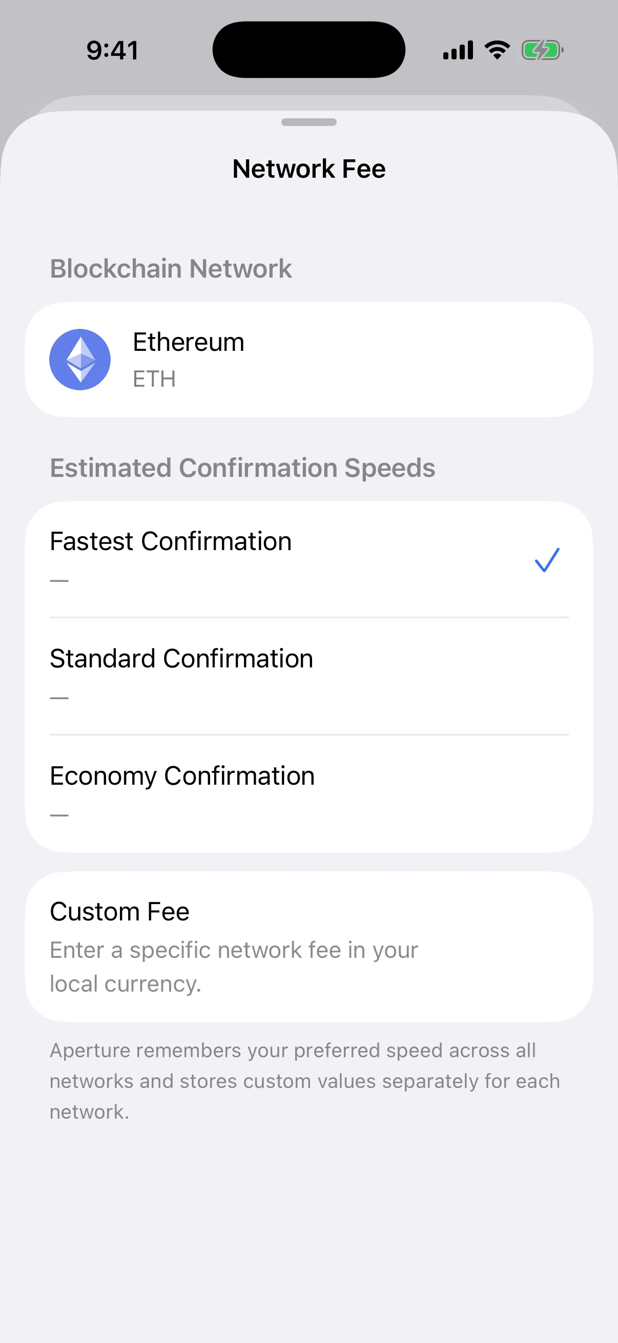 Real Aperture Network Fee screen in the iOS Simulator showing Fastest, Standard, Economy, and Custom choices for Ethereum