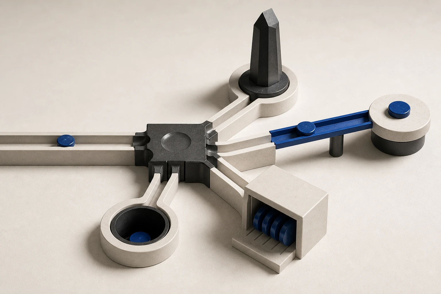 Editorial still life of a physical routing machine dividing one blue value token among a validator tower, burn aperture, storage vault, and settlement rail