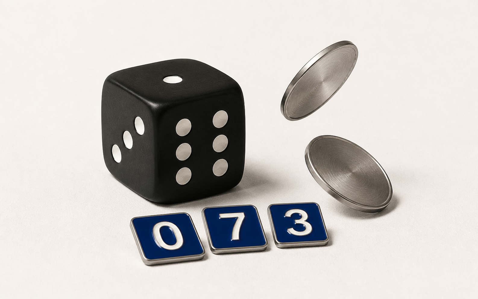 Editorial still life of a black die, two silver coins, and cobalt number tiles representing physical wallet entropy