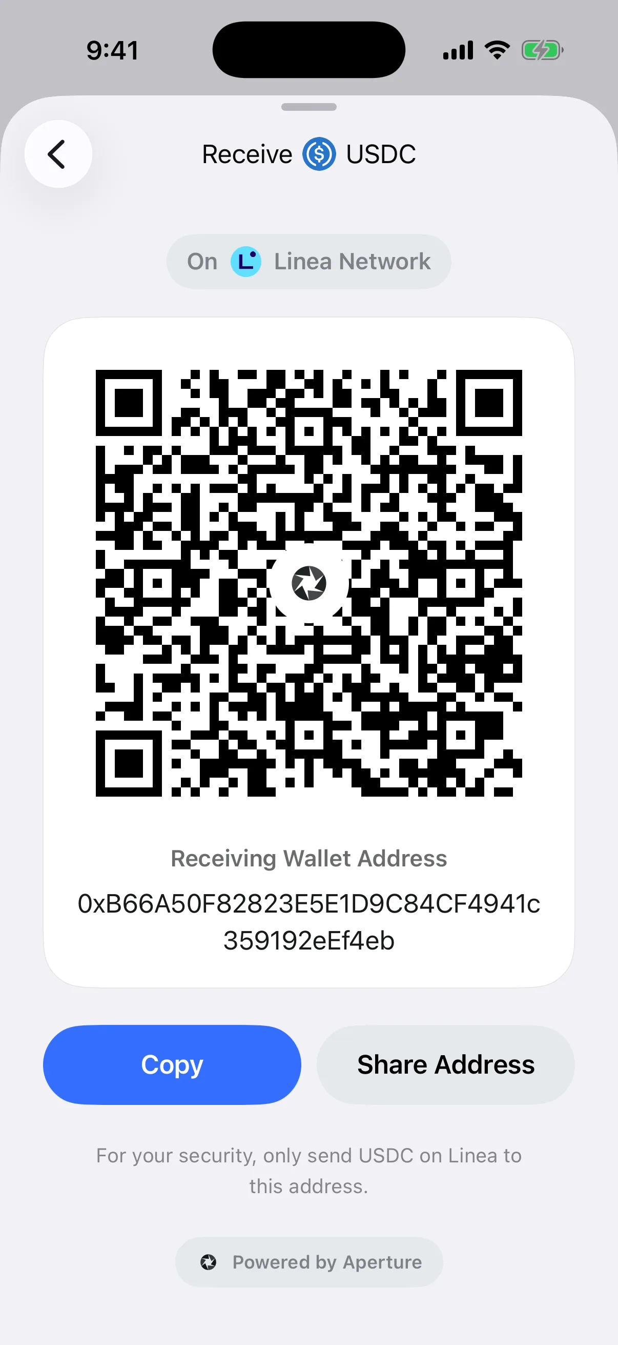 Real Aperture USDC receive card in the iOS Simulator labeled for Linea with QR code, public address, and network warning