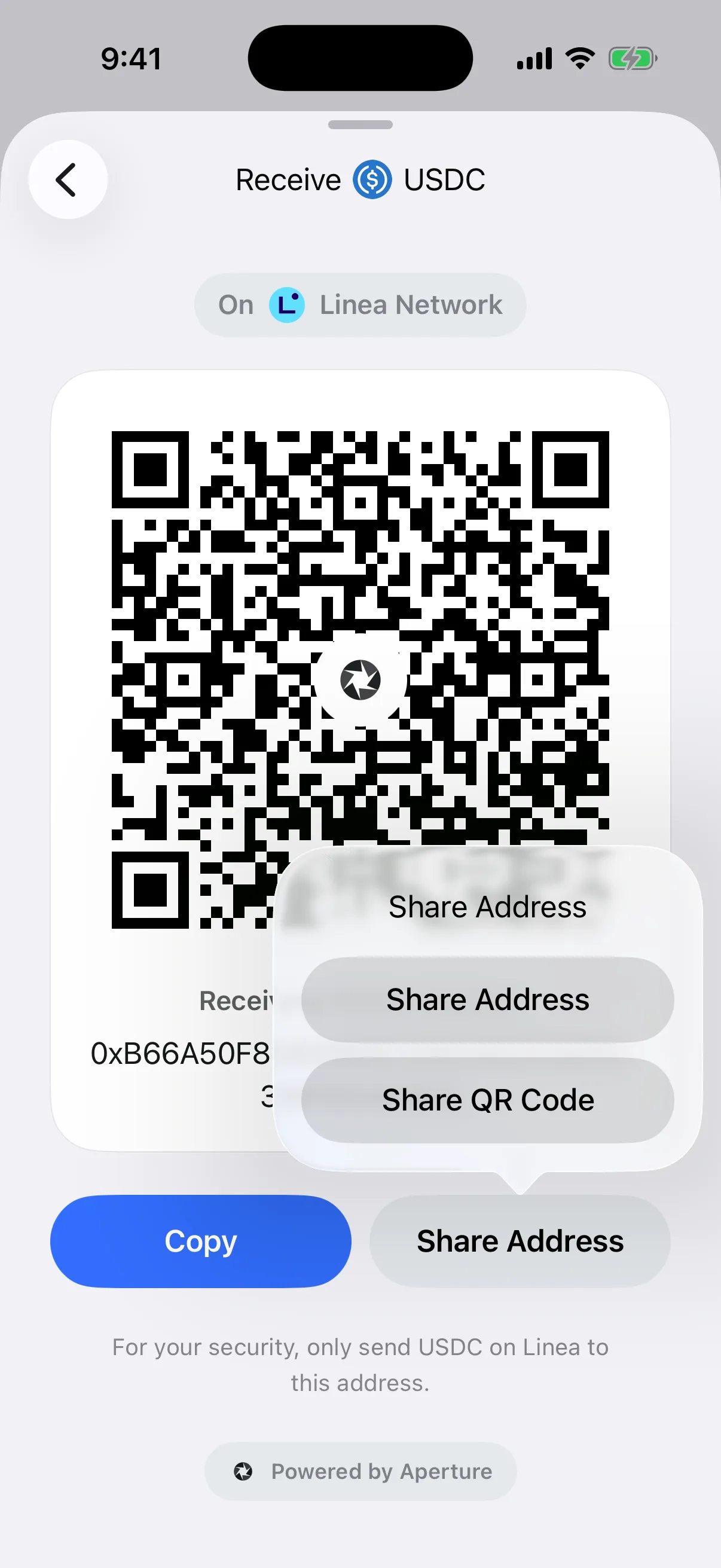 Real Aperture receive sharing menu in the iOS Simulator offering Share Address and Share QR Code