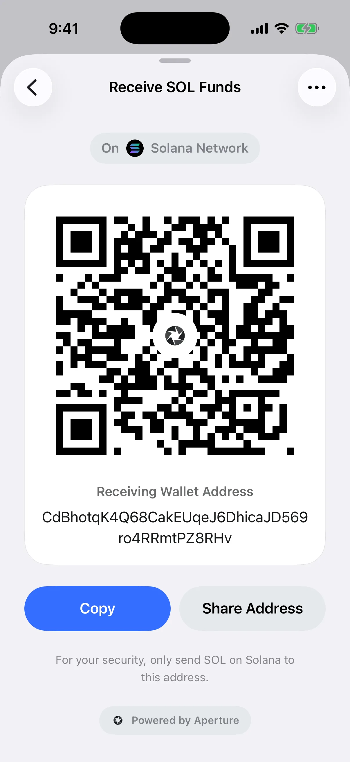Real Aperture Solana receive card in the iOS Simulator with the independent Solana address, QR code, and network warning