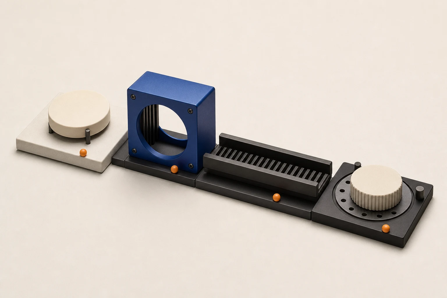Independent editorial sculpture with an ivory asset token, cobalt network gate, graphite address rail, and separate amount dial