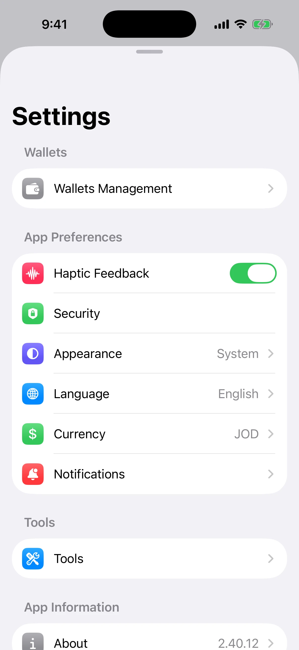 Real Aperture Settings screen in the iOS Simulator with Wallets Management and Security destinations