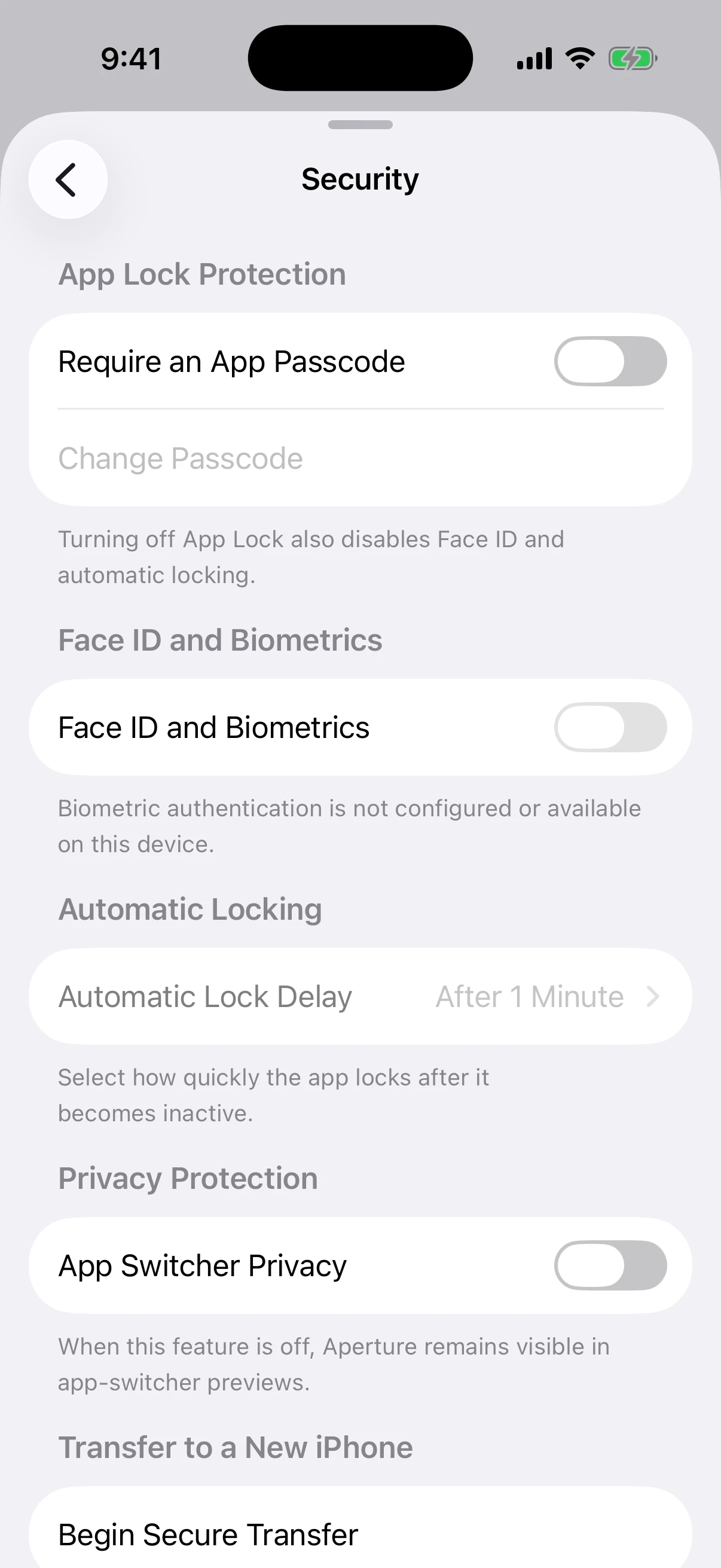 Real Aperture Security settings in the iOS Simulator with App Lock, biometrics, automatic locking, privacy, and secure transfer controls