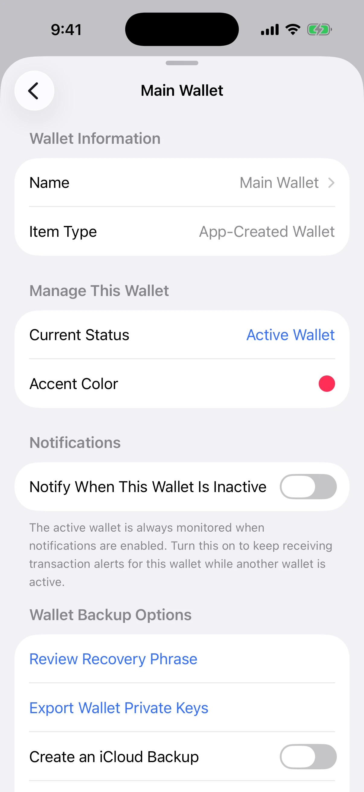 Real Aperture wallet settings showing deliberate recovery-phrase review, private-key export, and optional iCloud Backup controls