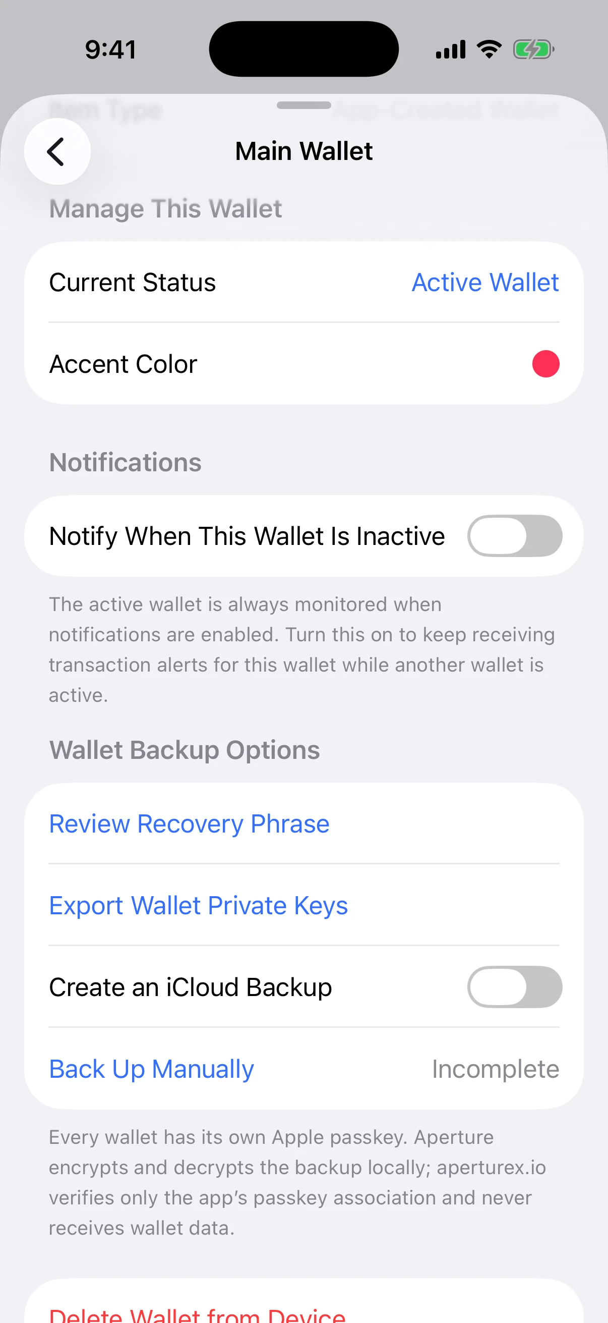 Real Aperture wallet backup options explaining that every wallet has its own Apple passkey and backup encryption happens locally