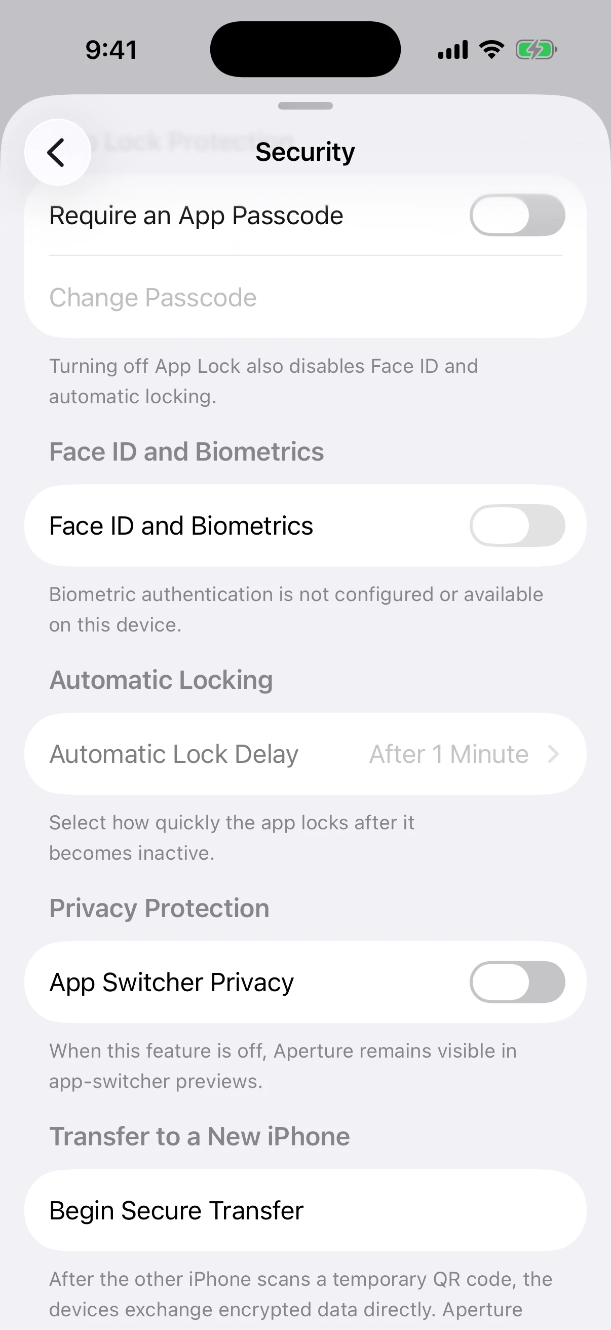 Real Aperture Security screen explaining direct encrypted iPhone transfer without an Aperture server upload