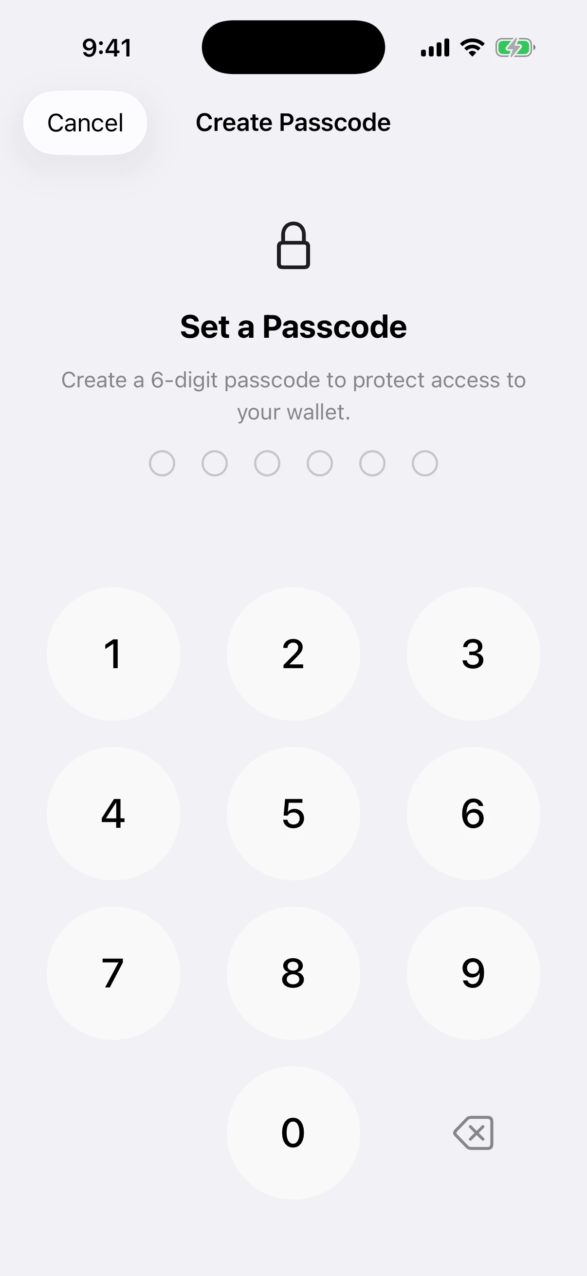 Real Aperture App Lock setup screen in the iOS Simulator before any passcode digit is entered