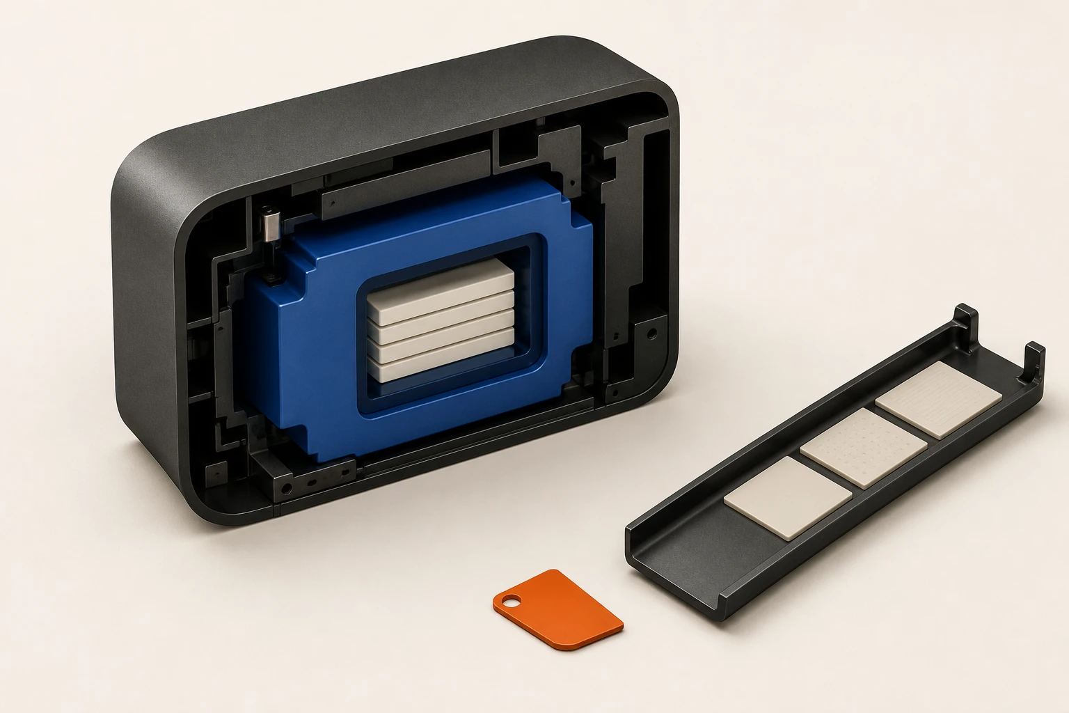 Independent editorial cutaway of a graphite device chassis with a sealed cobalt local vault, separate public-data rail, and orange verification tab
