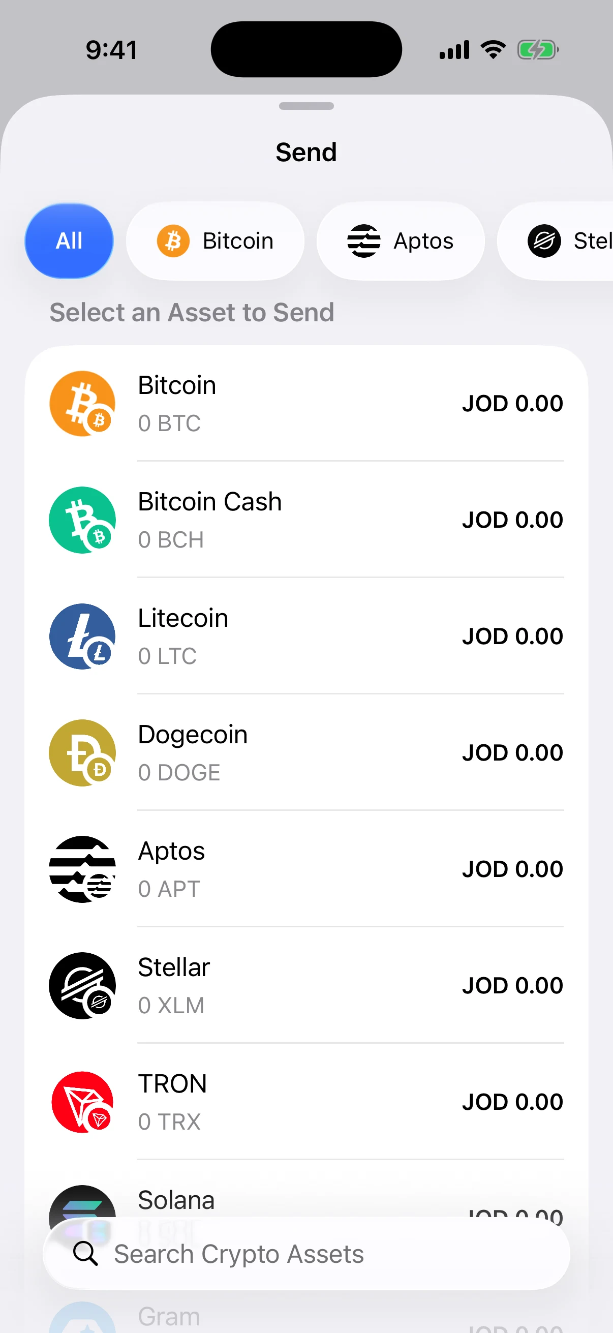 Aperture Send screen showing the real network-aware asset selector in the iOS Simulator
