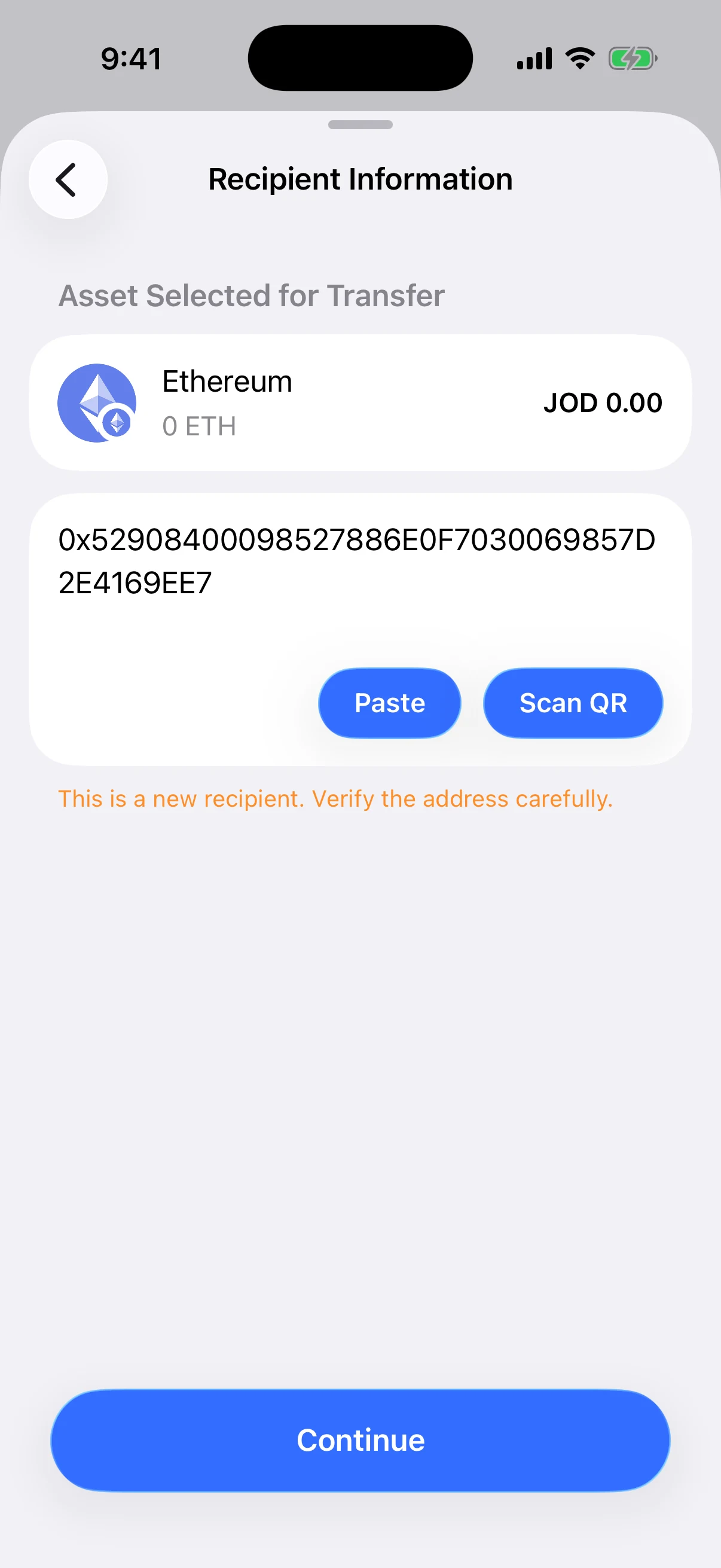 Aperture Recipient Information screen validating a public EIP-55 example address and warning that it is a new recipient