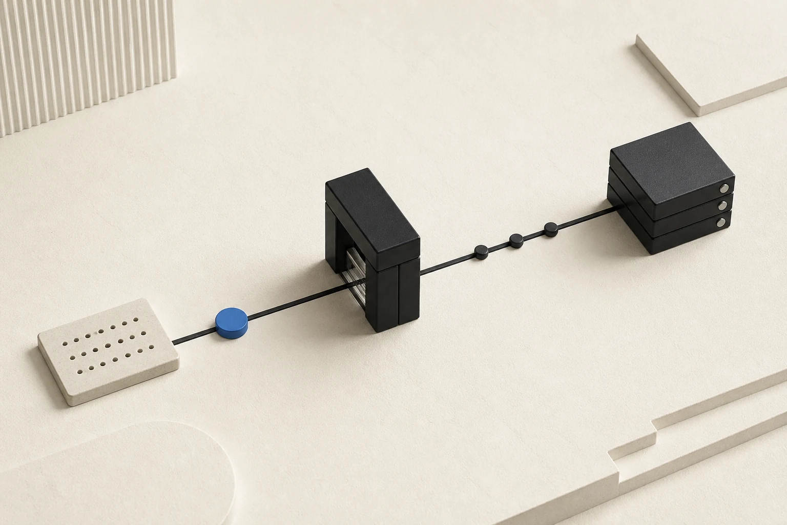 Editorial still life of a blue transfer token moving from an address slab through a signing gate toward three finality blocks