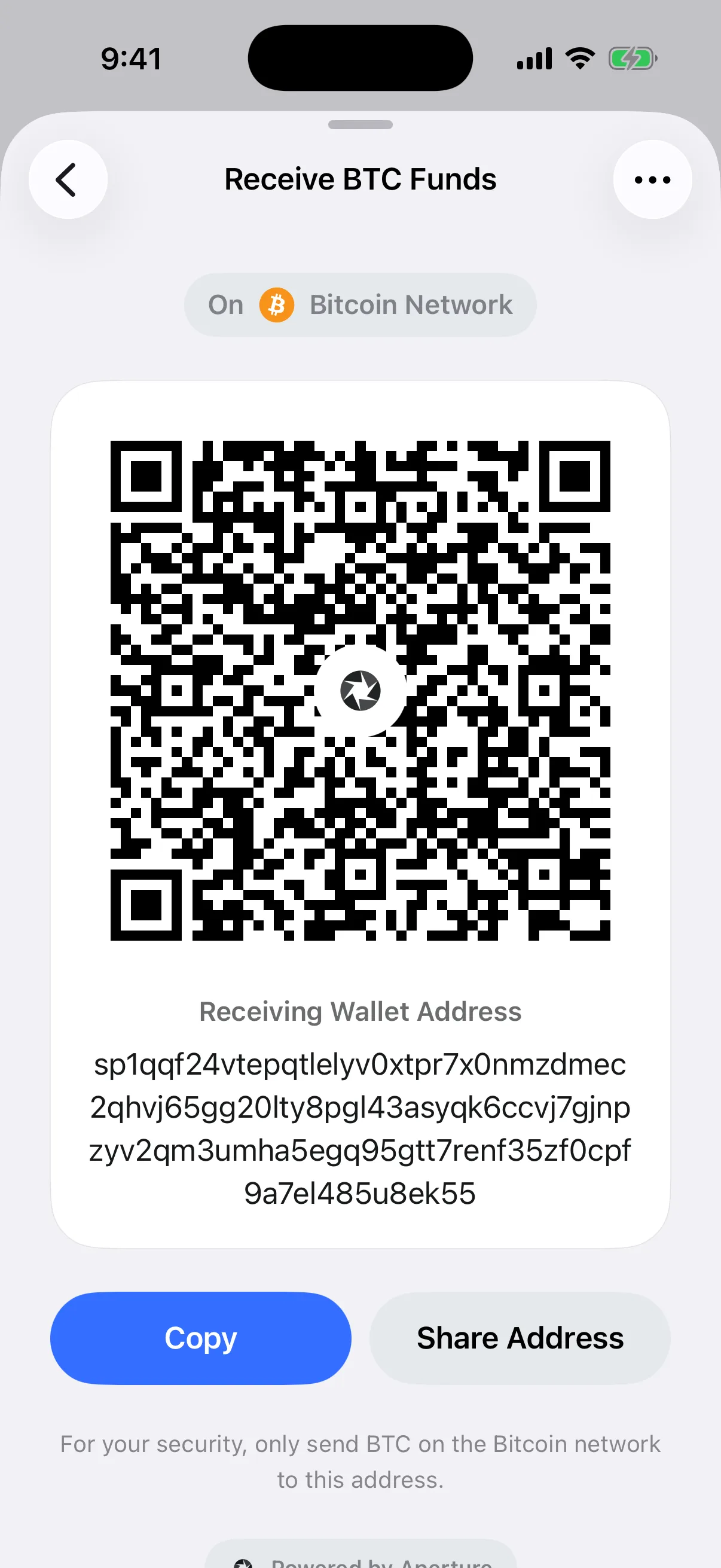 Real Aperture Receive BTC screen in the iOS Simulator showing a reusable mainnet Silent Payment address beginning with sp1
