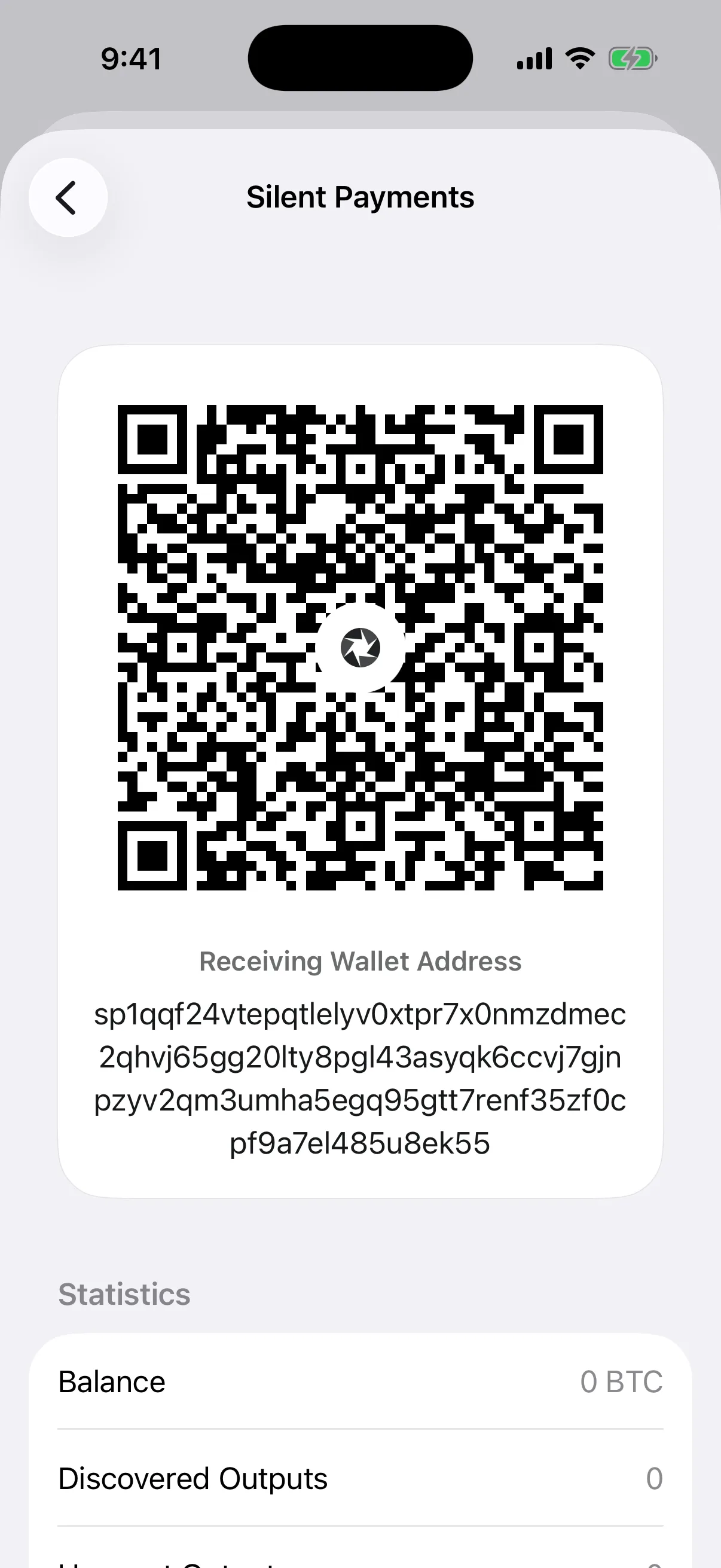 Real Aperture Silent Payments account screen in the iOS Simulator showing its reusable payment instruction and beginning statistics