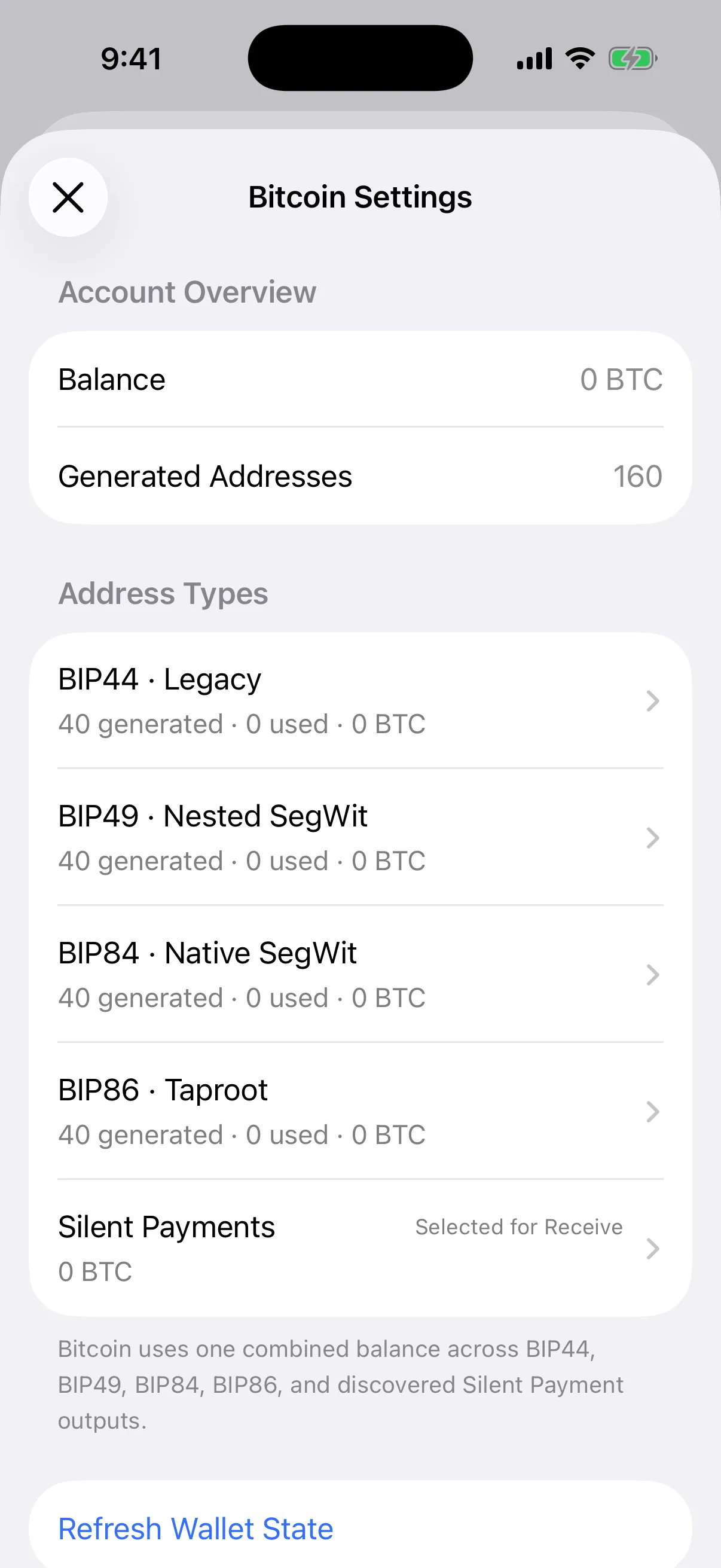 Real Aperture Bitcoin Settings screen in the iOS Simulator showing conventional address accounts and a selected Silent Payments account in one wallet