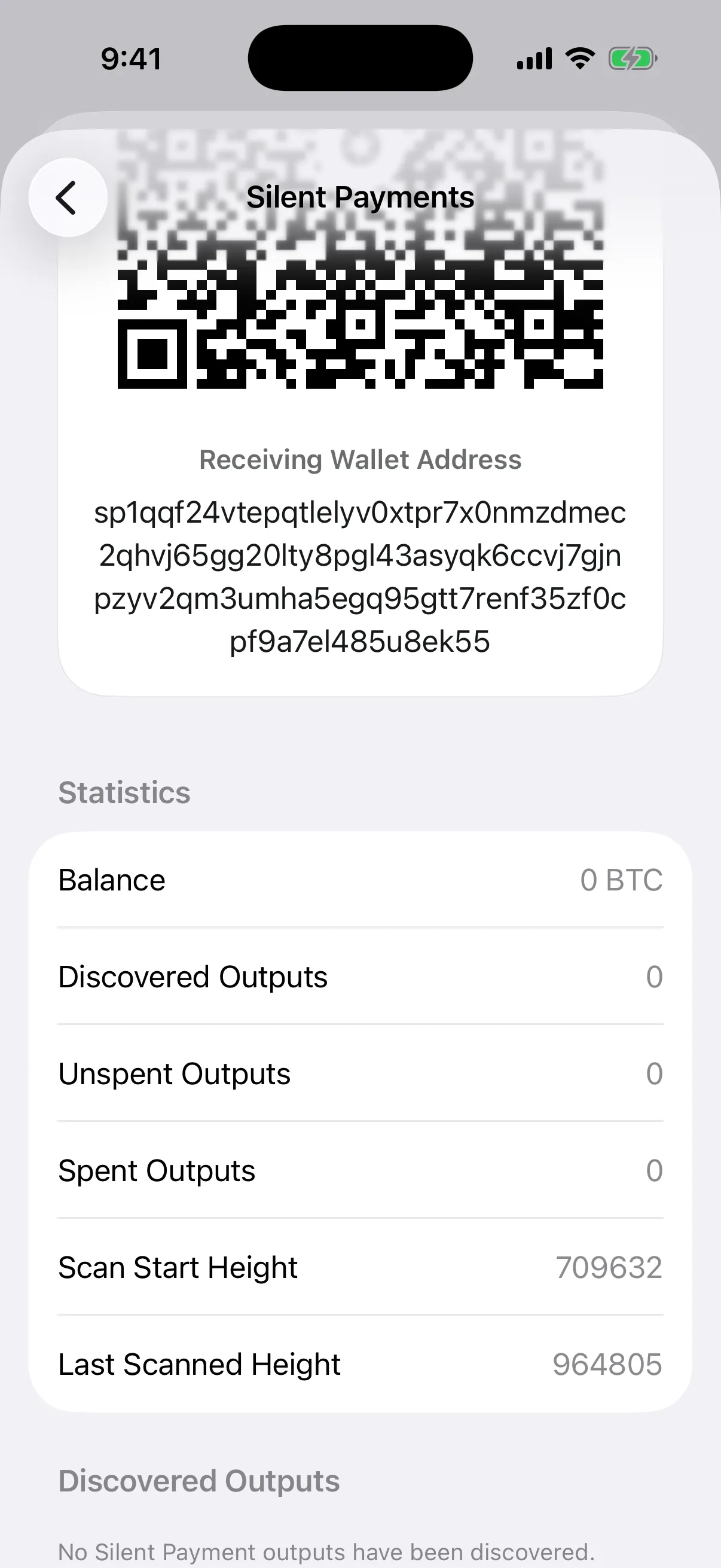 Real Aperture Silent Payments statistics in the iOS Simulator showing discovered outputs and the mainnet scan-height range for an empty wallet