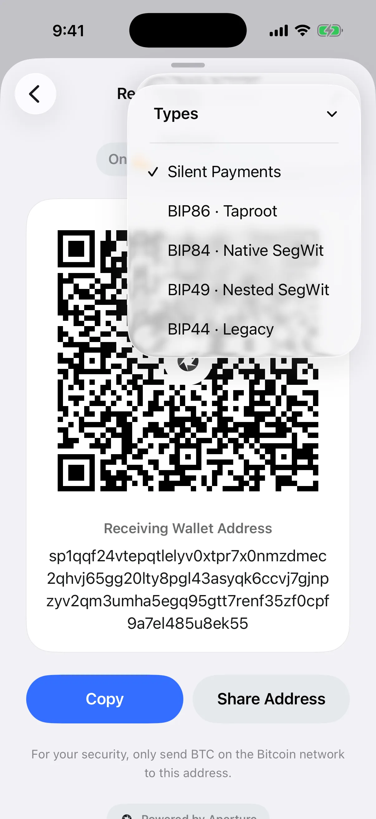 Real Aperture Bitcoin address type menu in the iOS Simulator with Silent Payments selected above BIP86, BIP84, BIP49, and BIP44