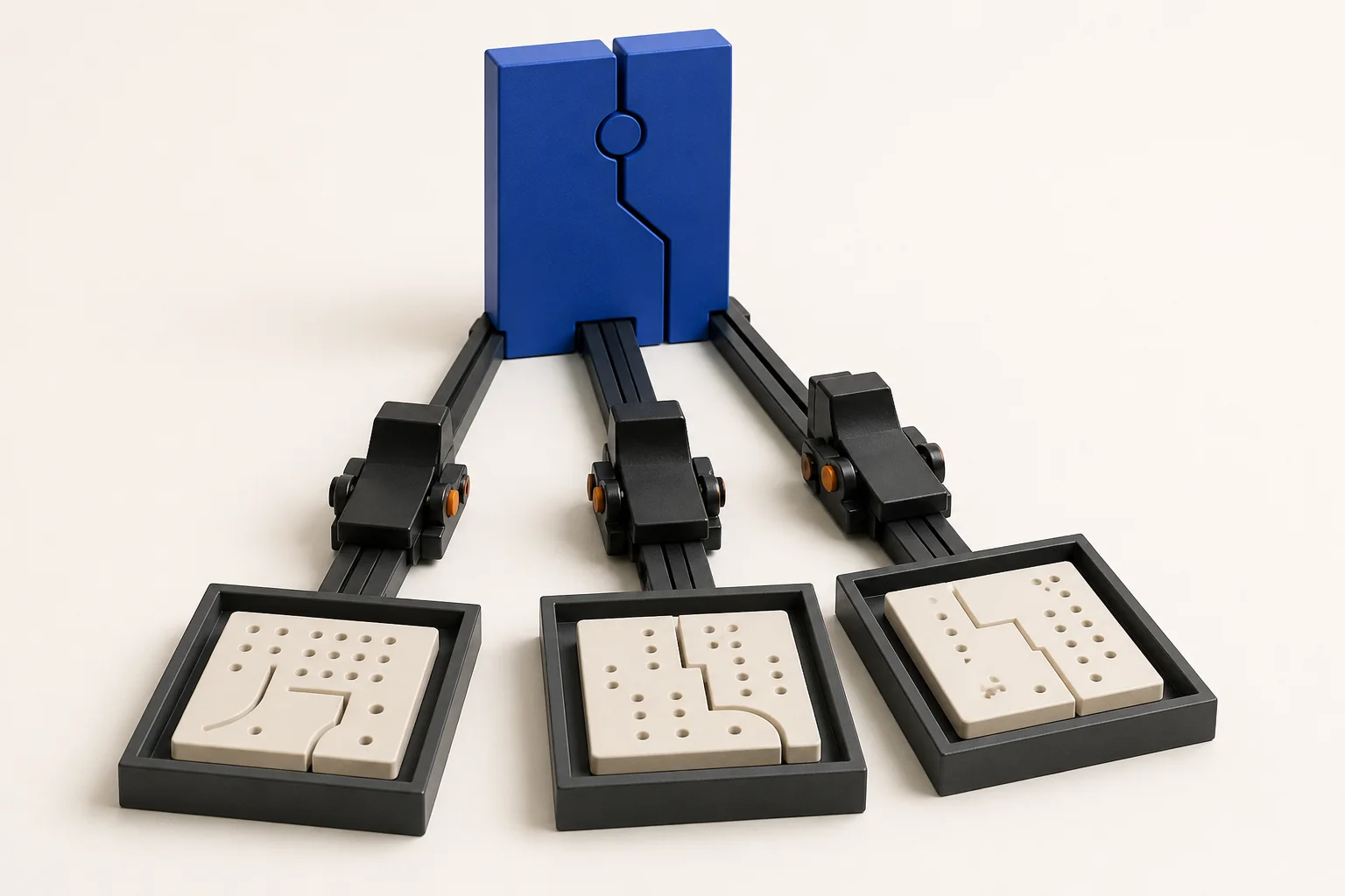 Independent editorial sculpture of one reusable two-part receiver gateway transforming three separate sender inputs into three unique Bitcoin output tiles