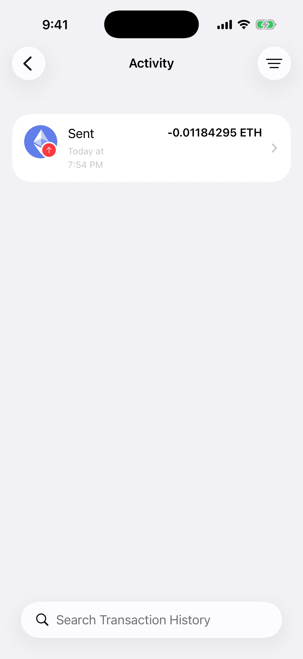 Real Aperture Activity screen in the iOS Simulator showing a confirmed public Ethereum mainnet send