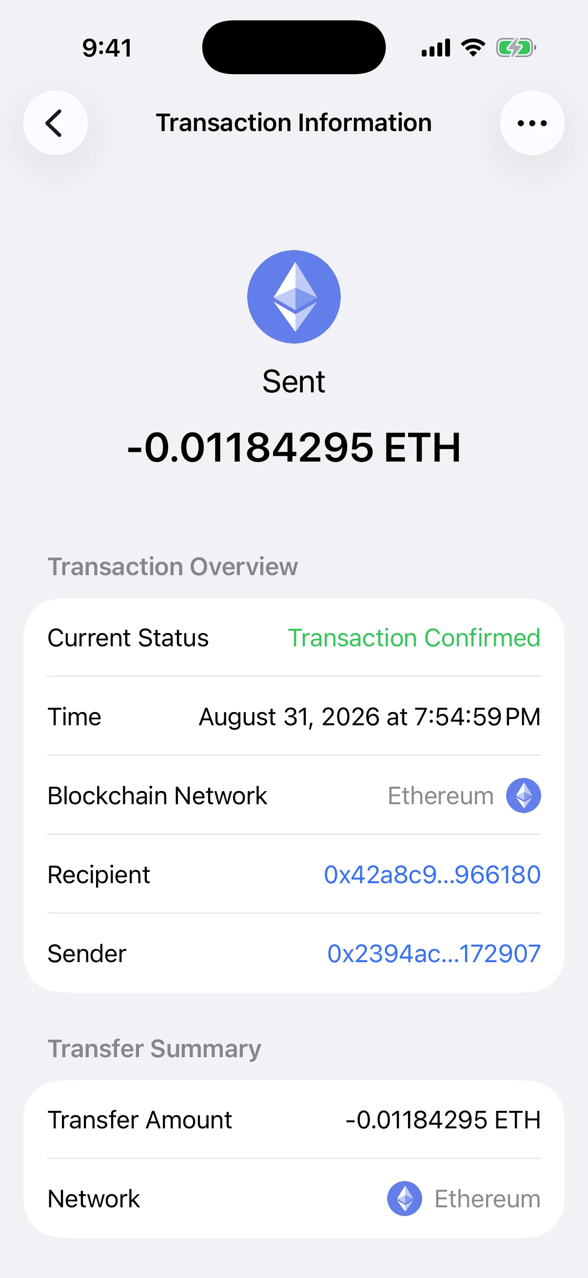 Real Aperture Transaction Information screen showing confirmed status, timestamp, Ethereum network, recipient, sender, and transfer amount
