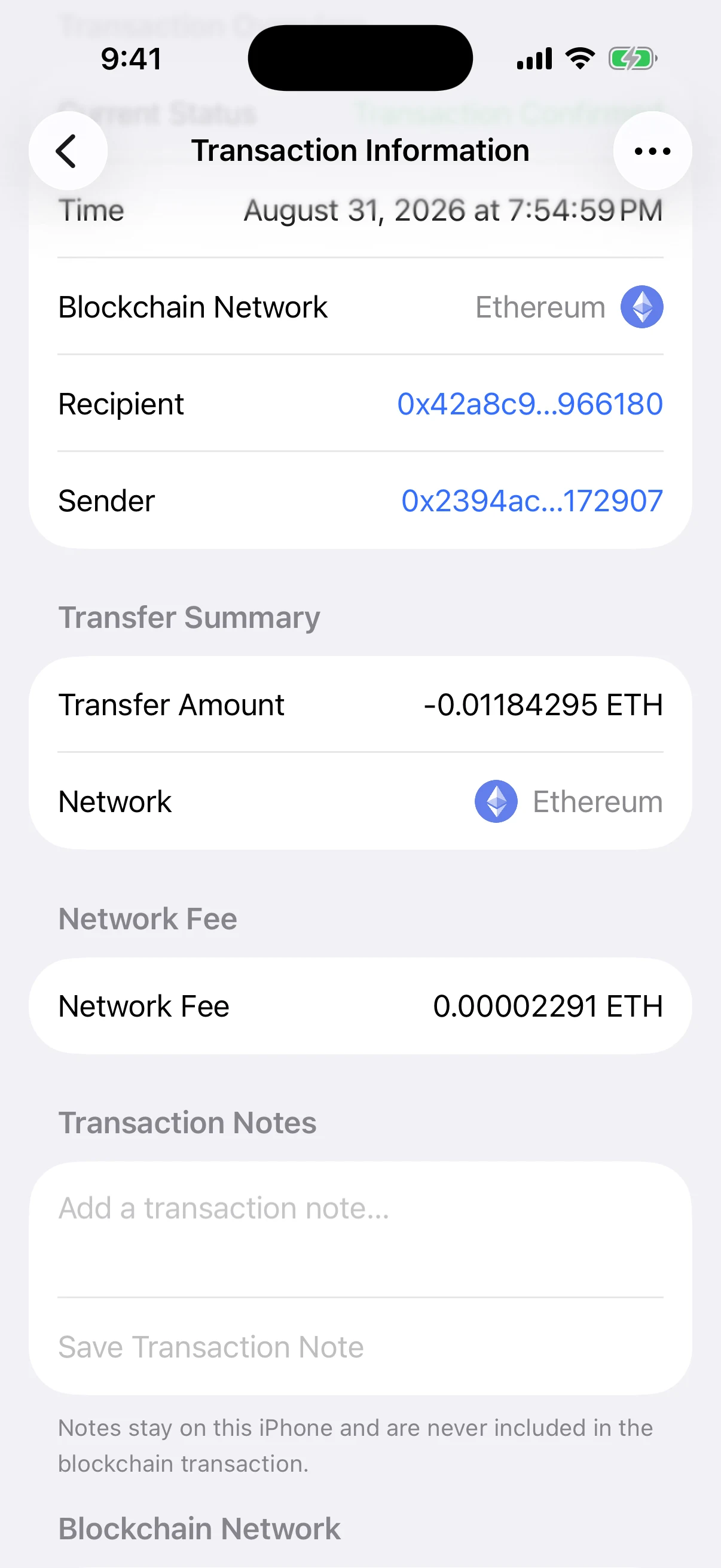 Real Aperture transaction screen showing the transfer amount, separate Ethereum network fee, empty local-note field, and on-device note disclosure