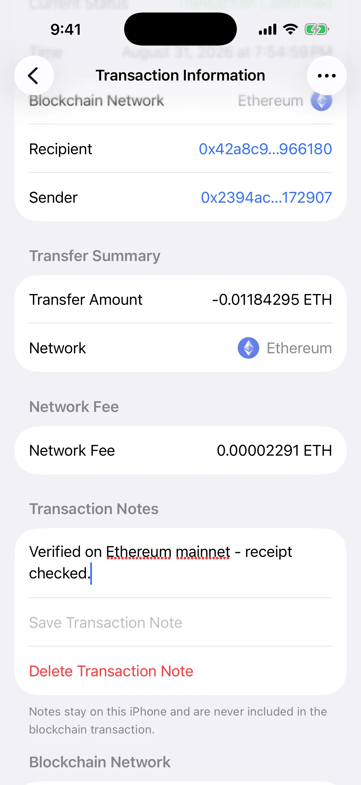 Real Aperture transaction screen showing a saved device-local mainnet verification note and its delete action