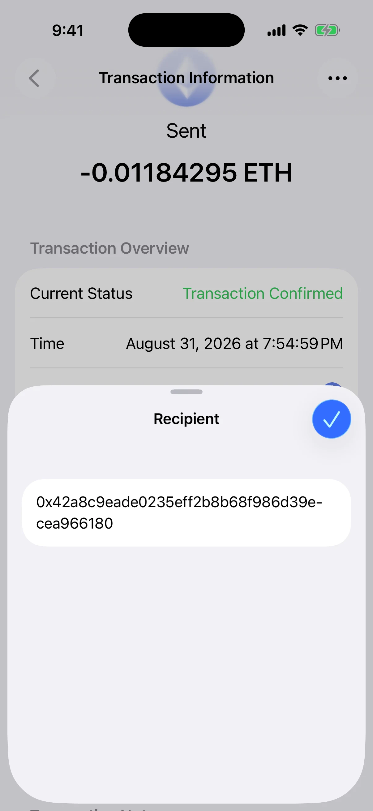 Real Aperture Recipient sheet showing the complete public Ethereum destination address