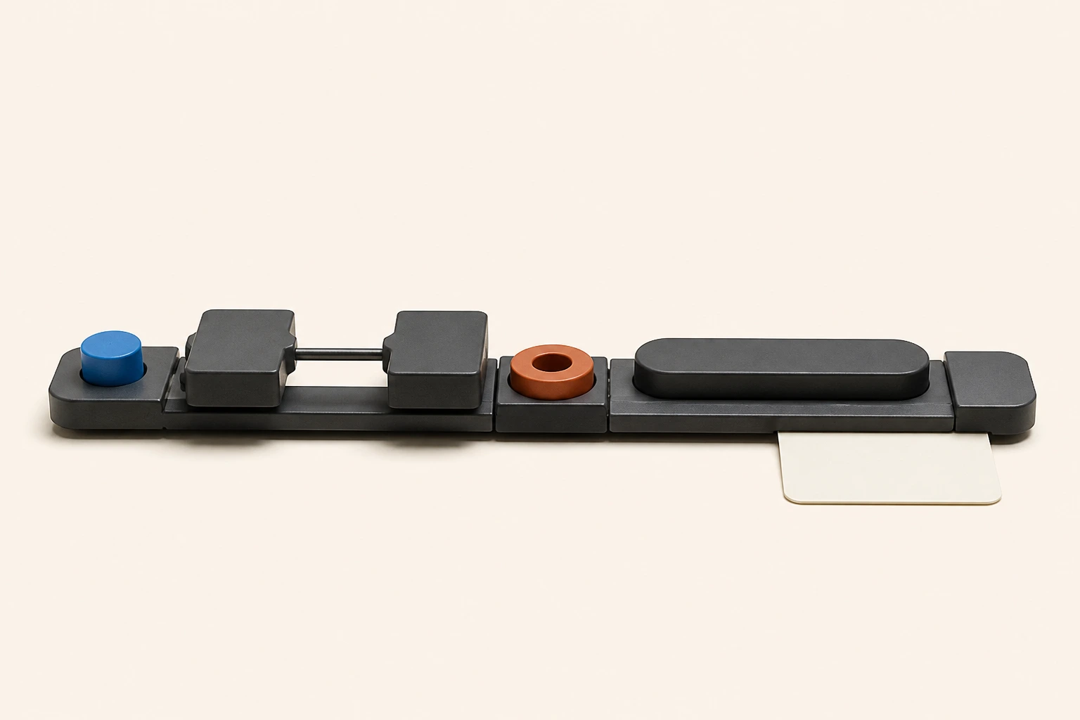 Independent editorial still life of a graphite transaction rail with separate cobalt status, orange fee, address, hash, and blank note modules