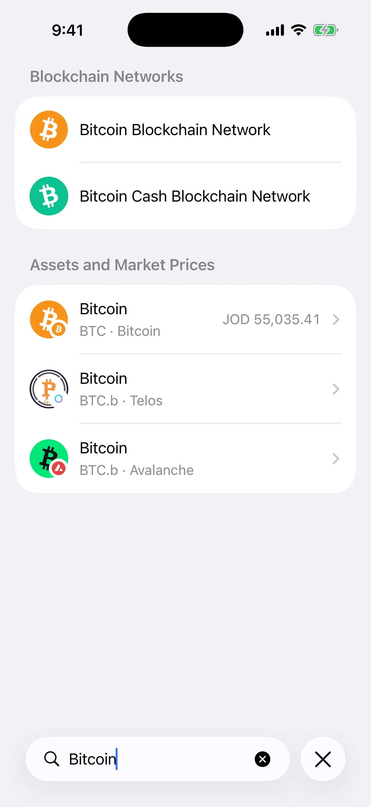 Real Aperture Universal Search results in the iOS Simulator for Bitcoin across blockchain networks, assets, and market prices