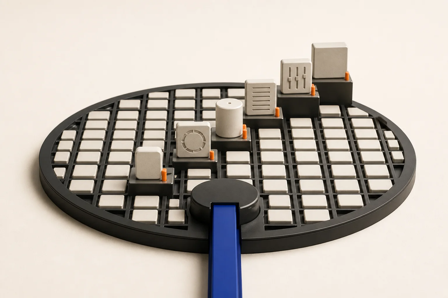 Independent editorial sculpture of one blue query rail selecting six ranked wallet records from a precise graphite local index