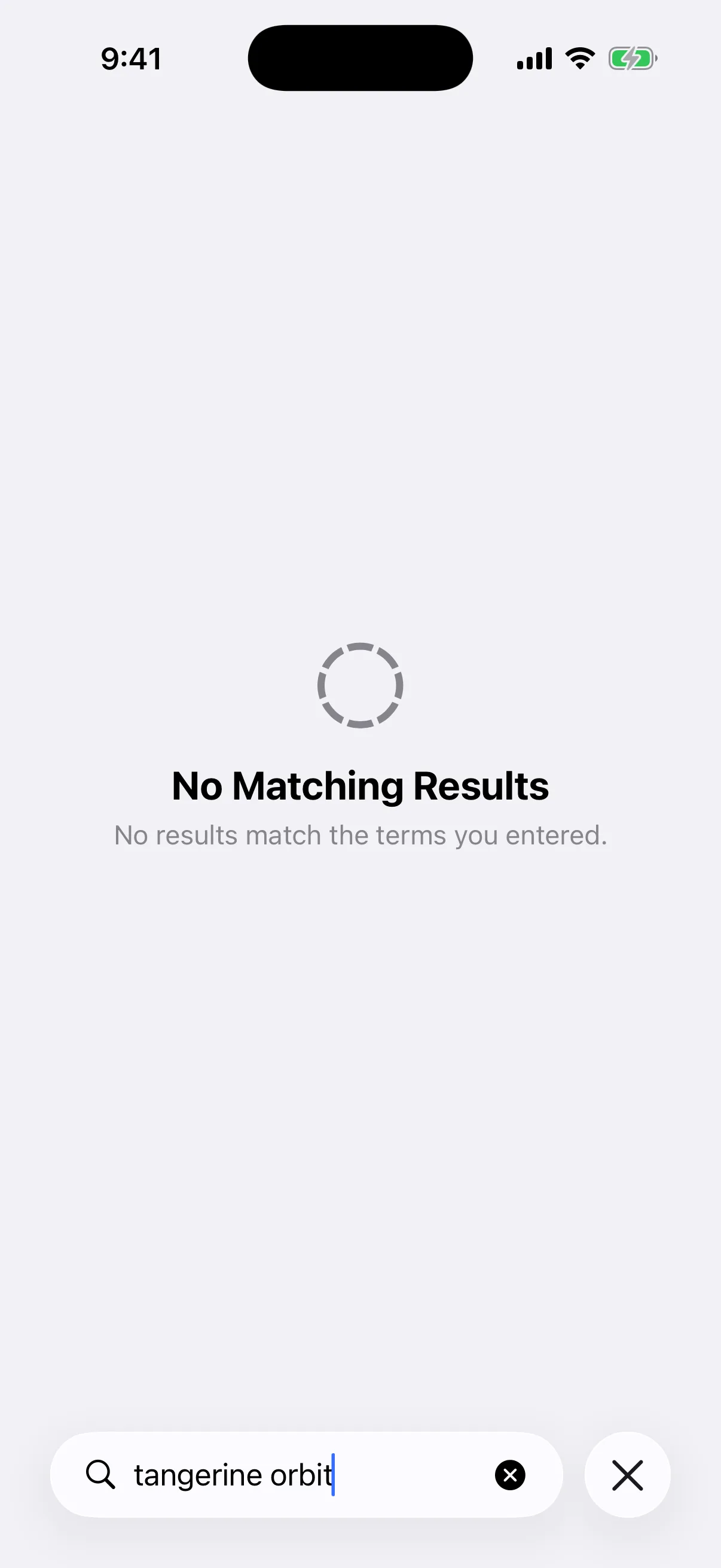Real Aperture Universal Search no-results state in the iOS Simulator for an unmatched two-term query