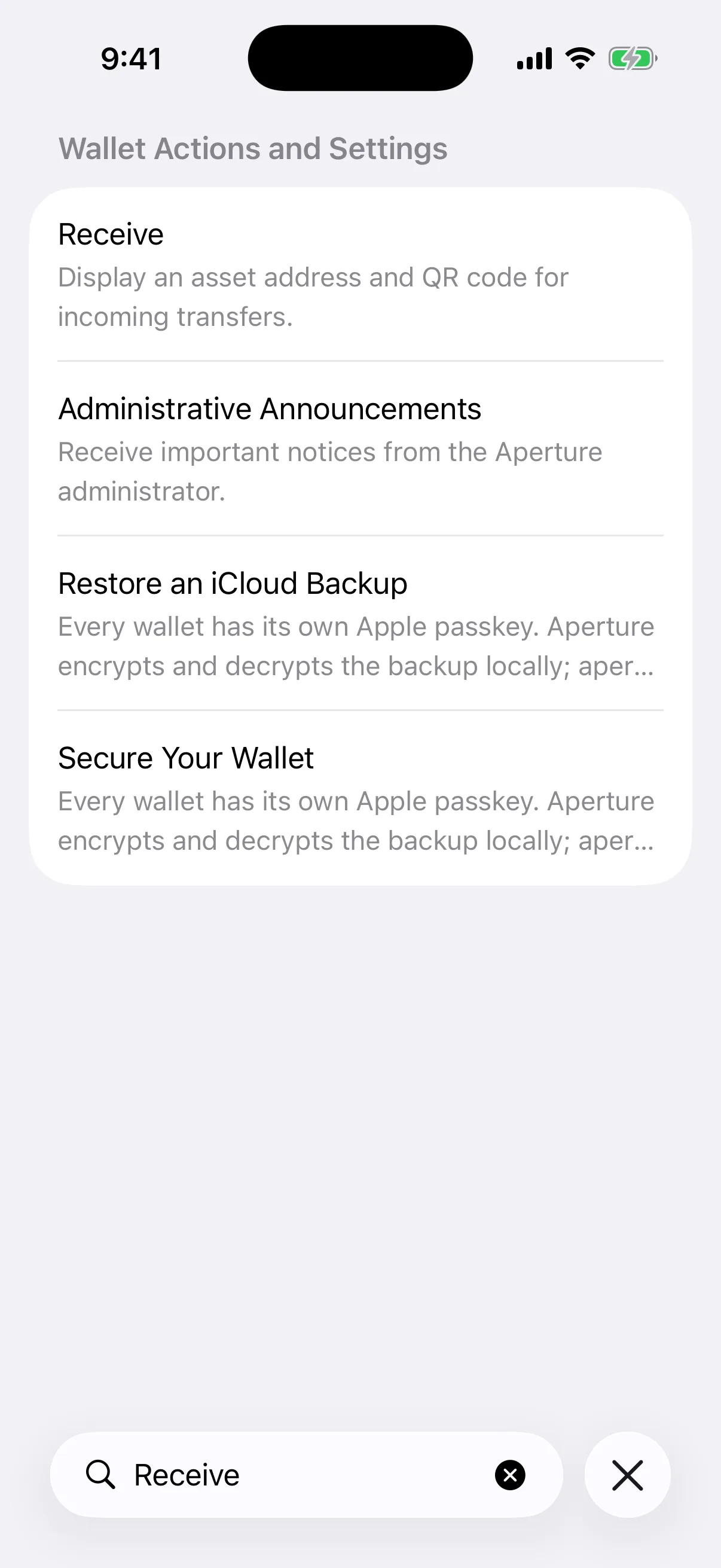 Real Aperture Universal Search results in the iOS Simulator for Receive, including the Receive action and related settings