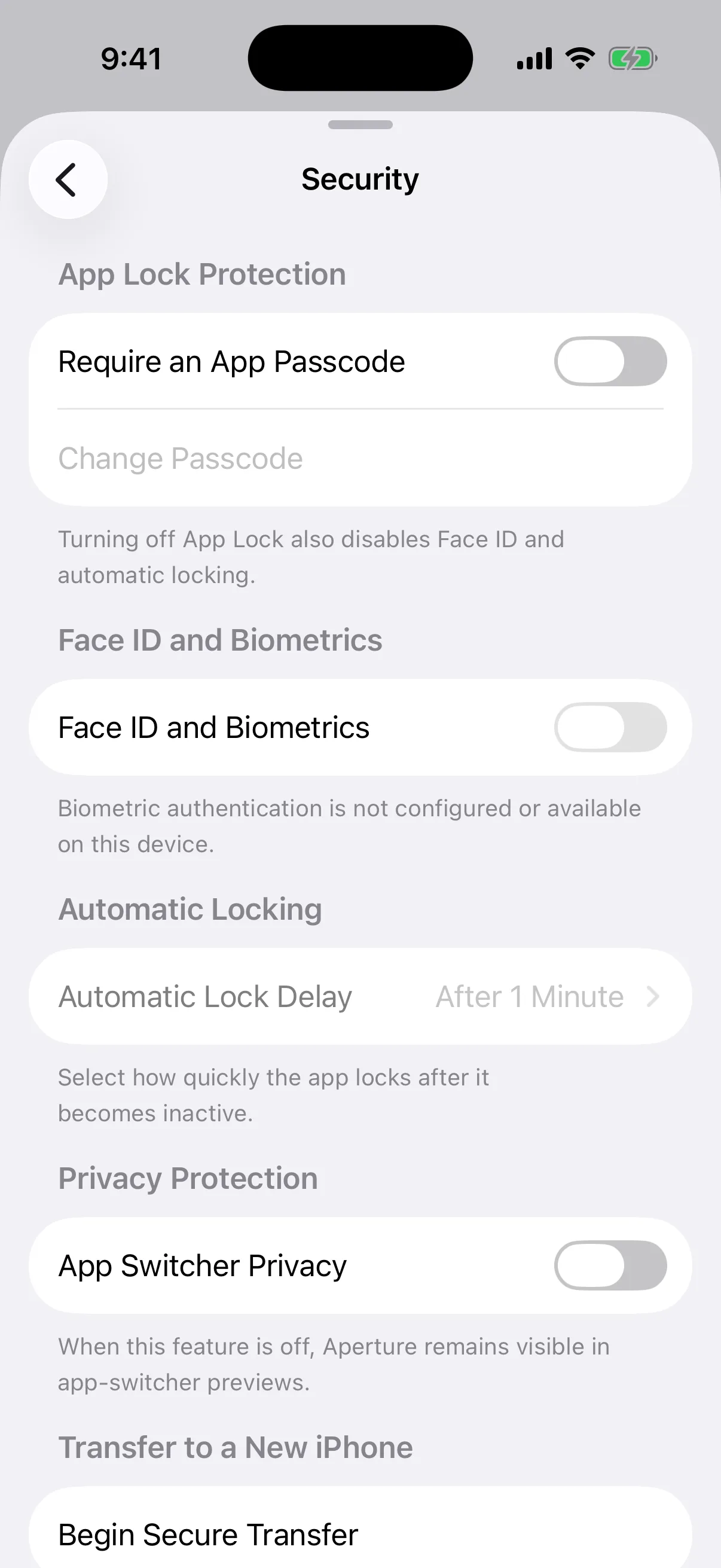 Real Aperture Security settings destination opened from Universal Search in the iOS Simulator