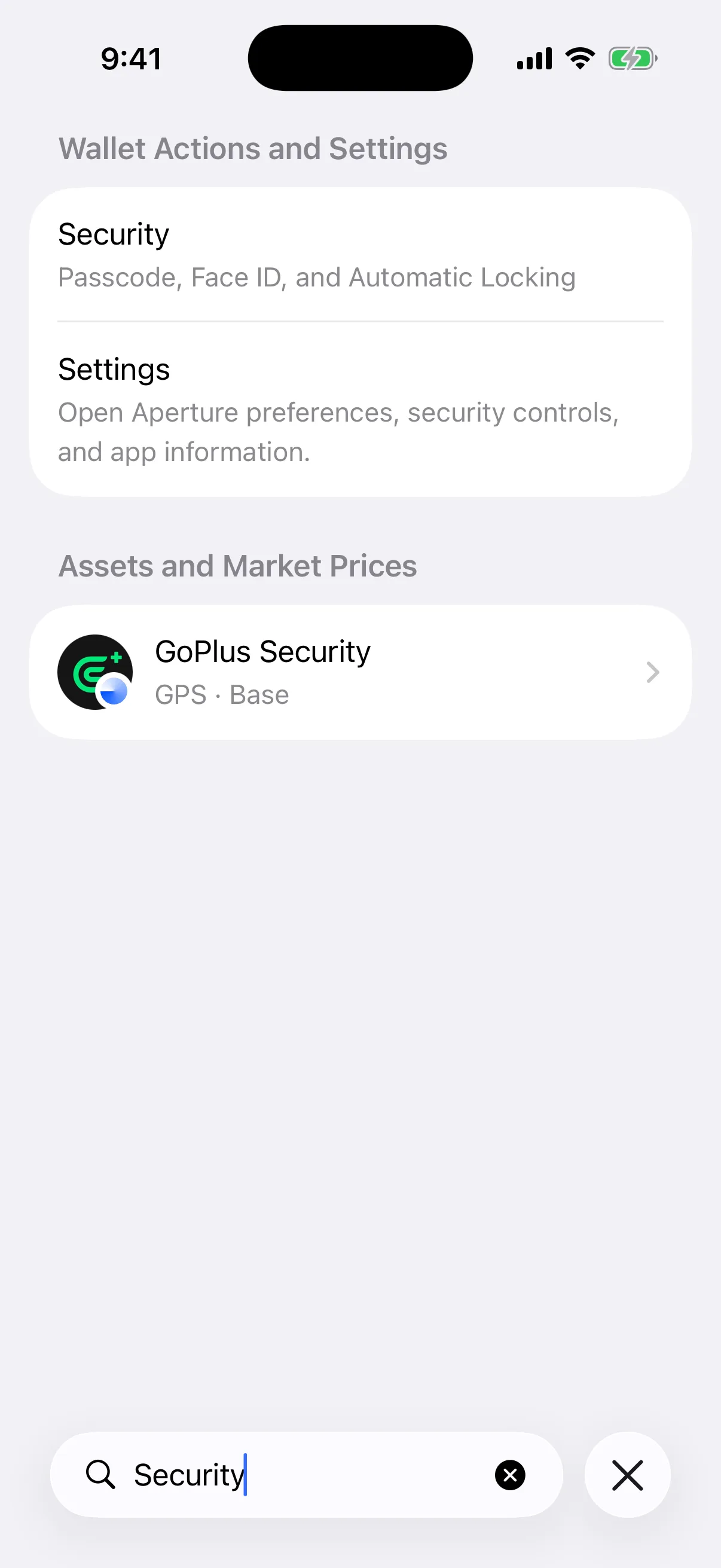 Real Aperture Universal Search results in the iOS Simulator for Security across settings and an identity-qualified asset