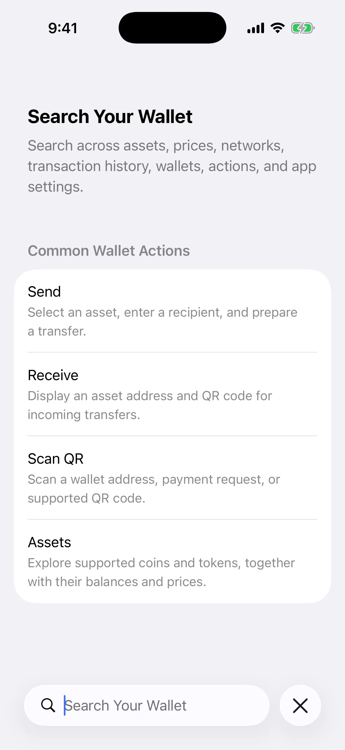 Real Aperture Universal Search start screen in the iOS Simulator showing Send, Receive, Scan QR, and Assets suggestions