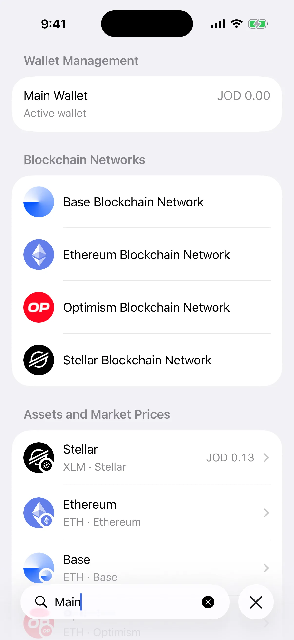 Real Aperture Universal Search results in the iOS Simulator for Main, showing the active wallet, mainnet networks, and assets
