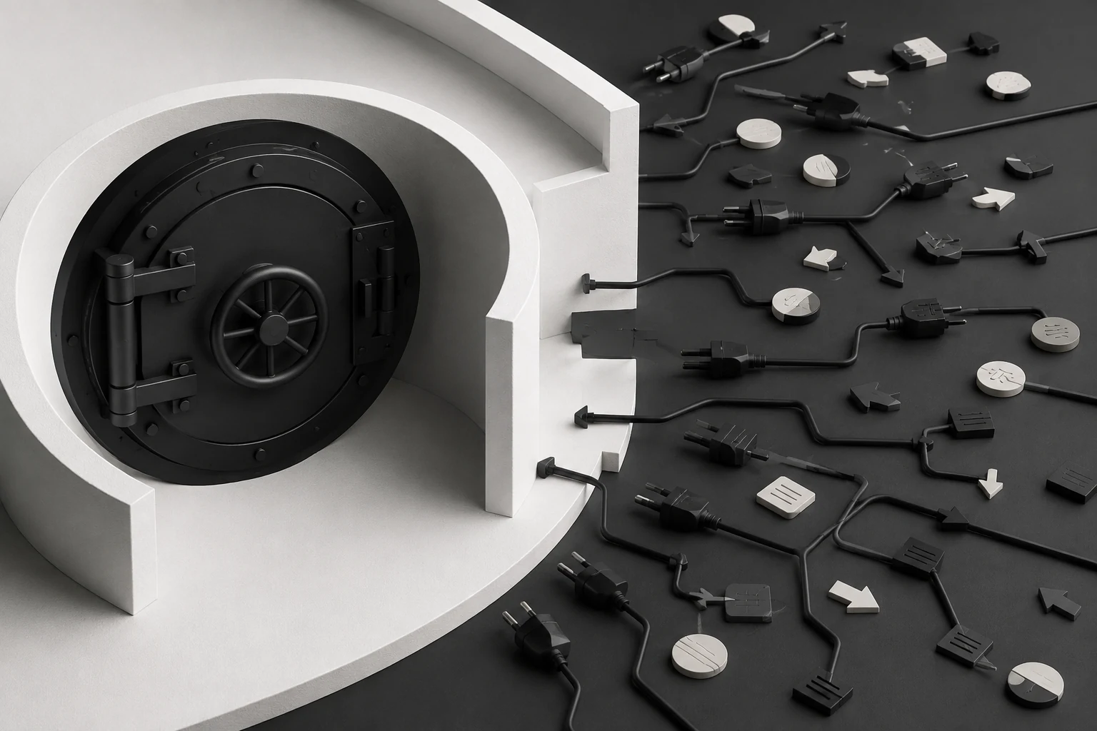Monochrome editorial sculpture of a protected circular vault separated from a field of disconnected contract and trading paths